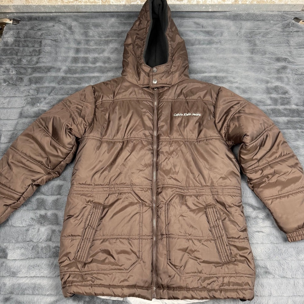Calvin Klein Jeans Boys XL 18/20 Brown Puffer Jacket Hooded Insulated Coat 13143